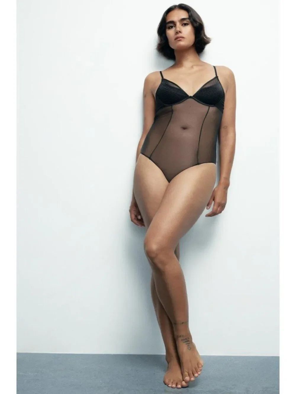 ZARA Womens Bodysuit Large Black Mesh Sheer Underwire Lingerie 2678/611 NWT